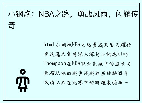 小钢炮：NBA之路，勇战风雨，闪耀传奇