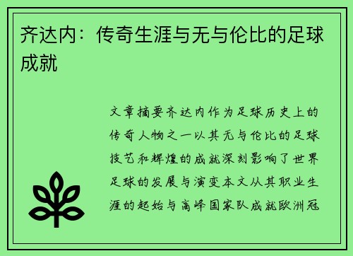 齐达内：传奇生涯与无与伦比的足球成就